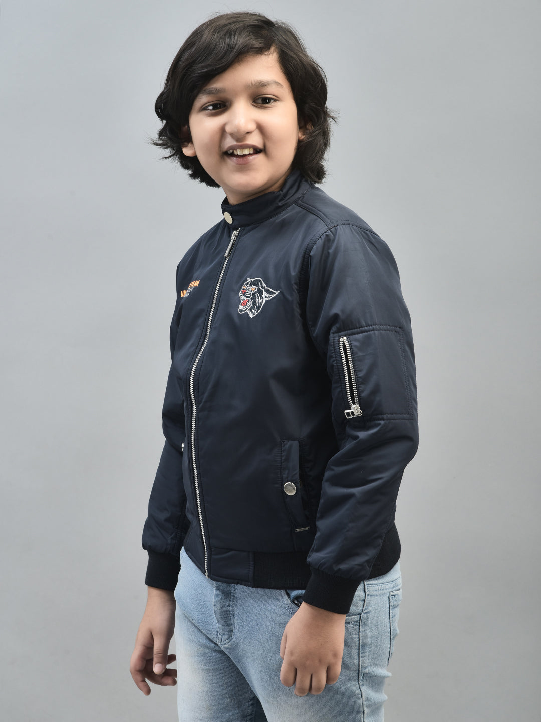 Navy Blue Printed Bomber Jacket-Boys Jackets-Crimsoune Club