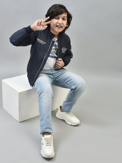 Navy Blue Printed Bomber Jacket-Boys Jackets-Crimsoune Club