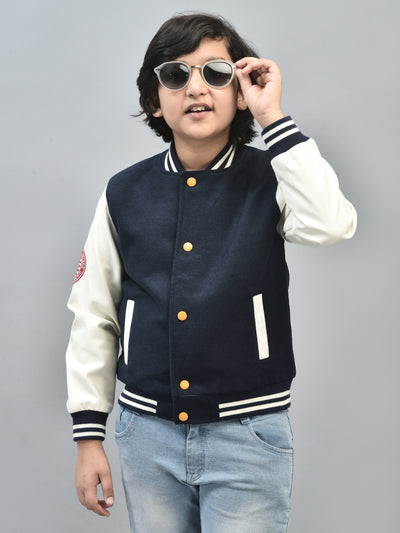 Navy Blue Colourblocked Bomber Jacket-Boys Jackets-Crimsoune Club