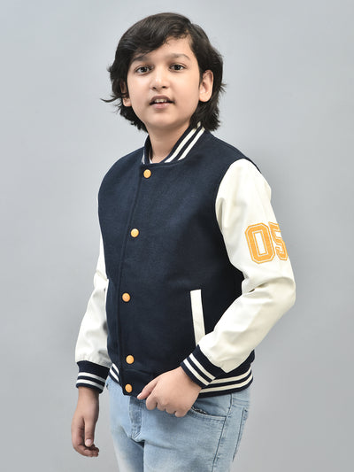 Navy Blue Colourblocked Bomber Jacket-Boys Jackets-Crimsoune Club