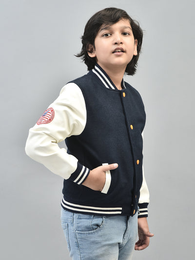 Navy Blue Colourblocked Bomber Jacket-Boys Jackets-Crimsoune Club