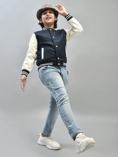 Navy Blue Colourblocked Bomber Jacket-Boys Jackets-Crimsoune Club