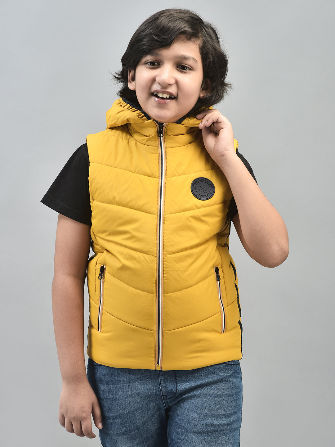 Yellow Sleeveless Hooded Puffer Jacket-Boys Jackets-Crimsoune Club