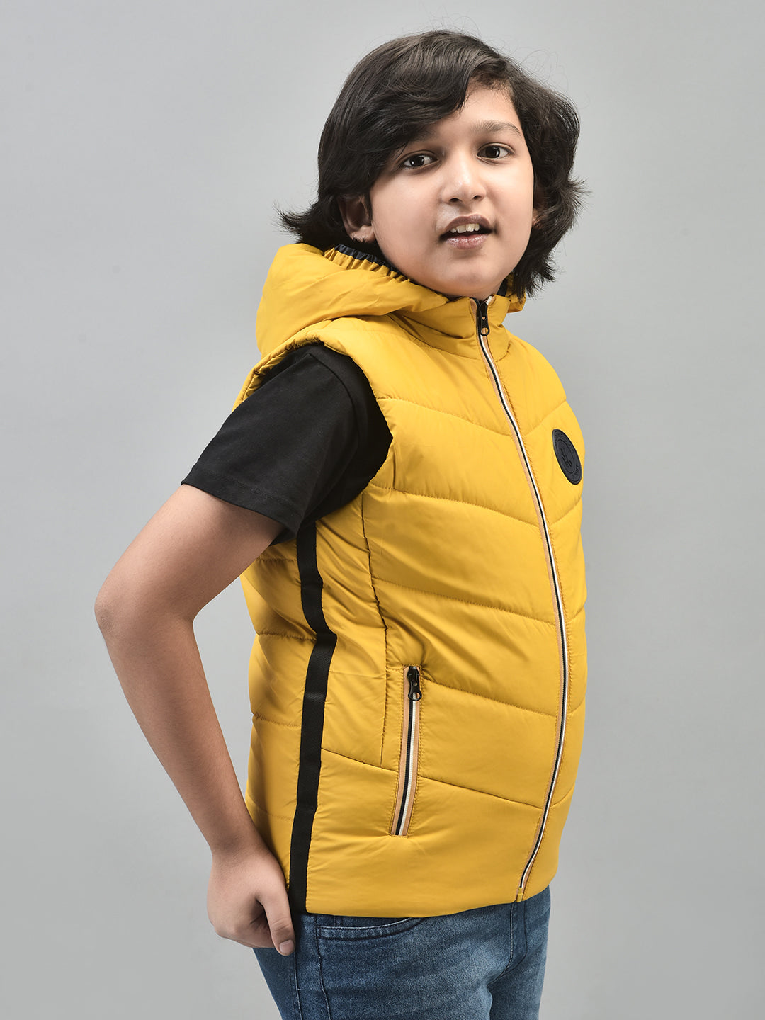 Yellow Sleeveless Hooded Puffer Jacket-Boys Jackets-Crimsoune Club