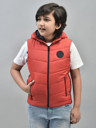 Red Sleeveless Hooded Puffer Jacket-Boys Jackets-Crimsoune Club