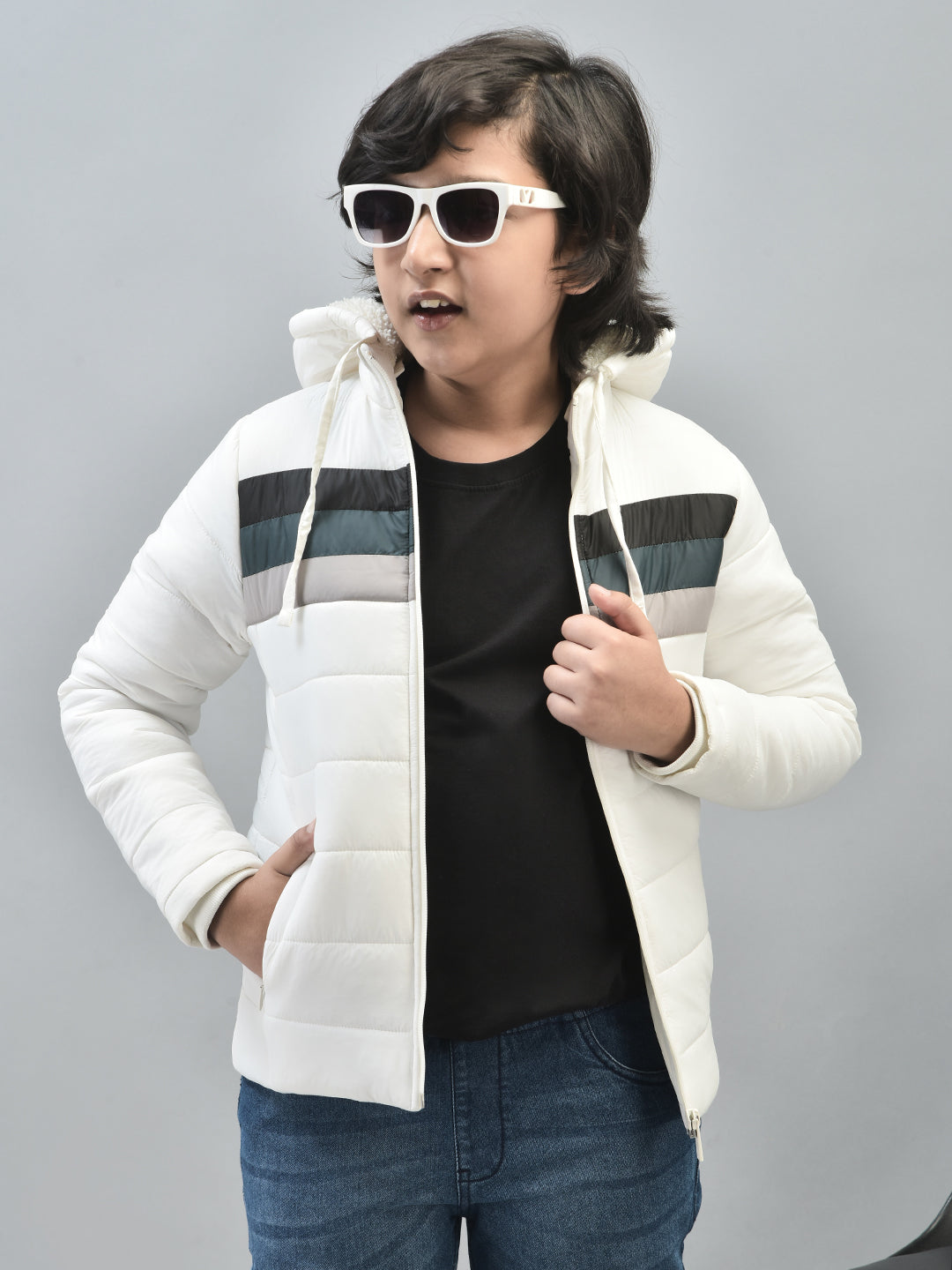 White Colourblocked Puffer Jacket With Hood-Boys Jackets-Crimsoune Club