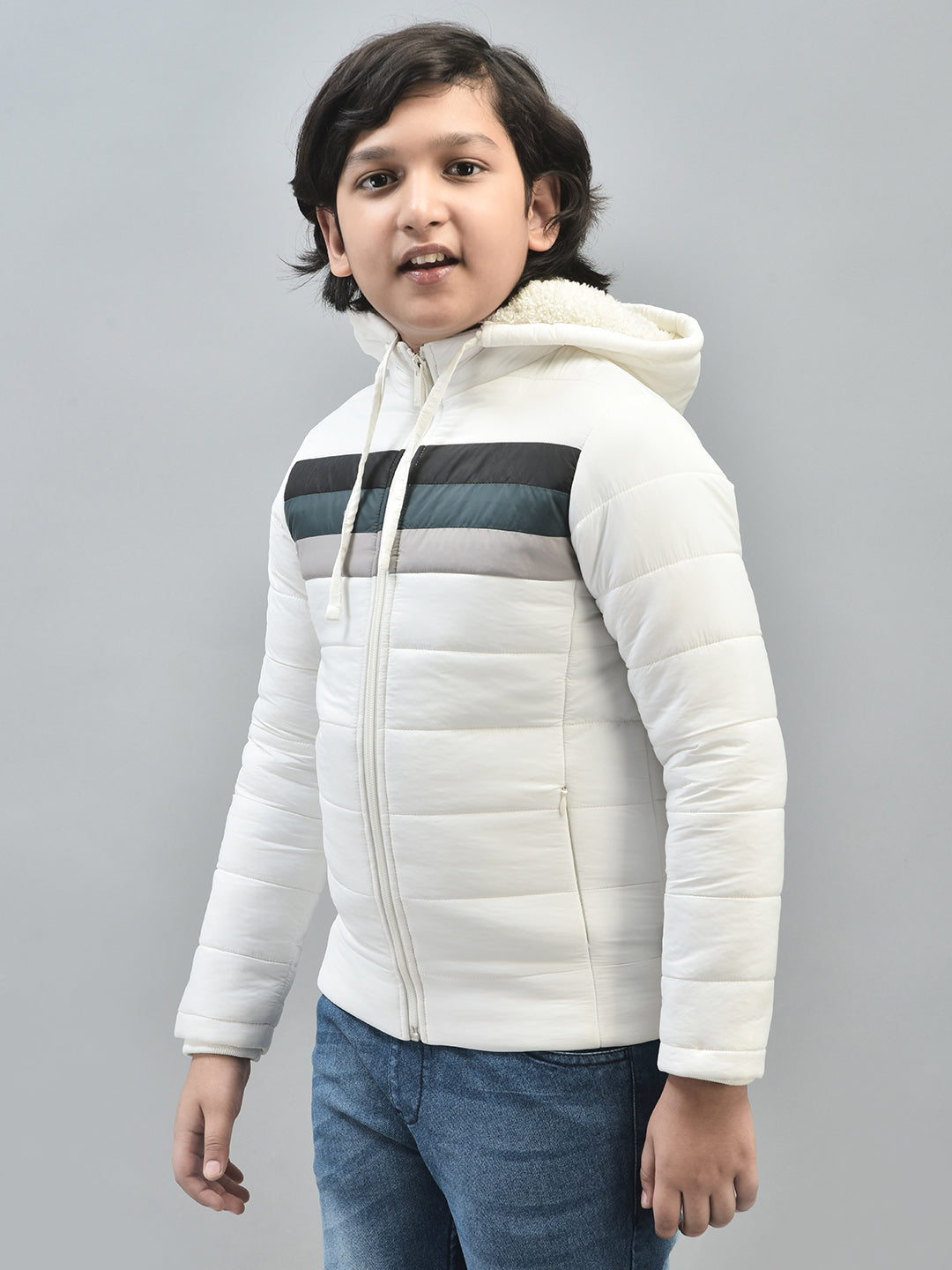 White Colourblocked Puffer Jacket With Hood-Boys Jackets-Crimsoune Club