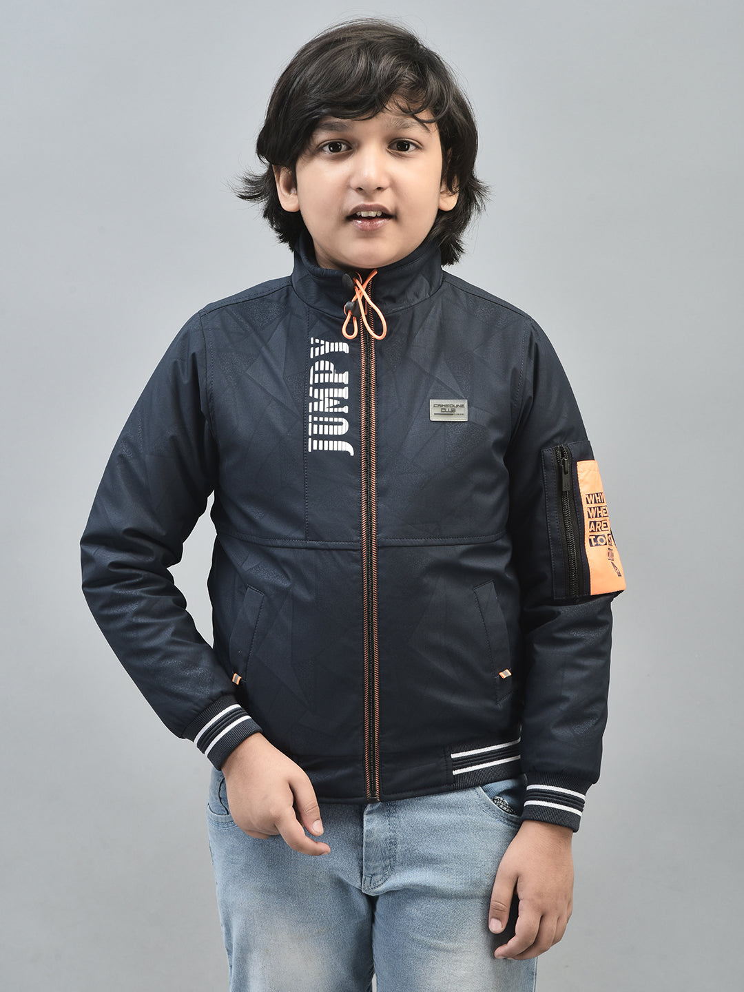 Navy Blue Printed Bomber Jacket-Boys Jackets-Crimsoune Club