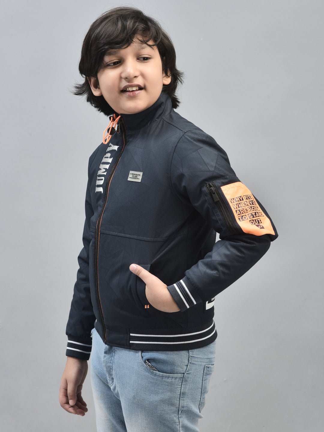 Navy Blue Printed Bomber Jacket-Boys Jackets-Crimsoune Club