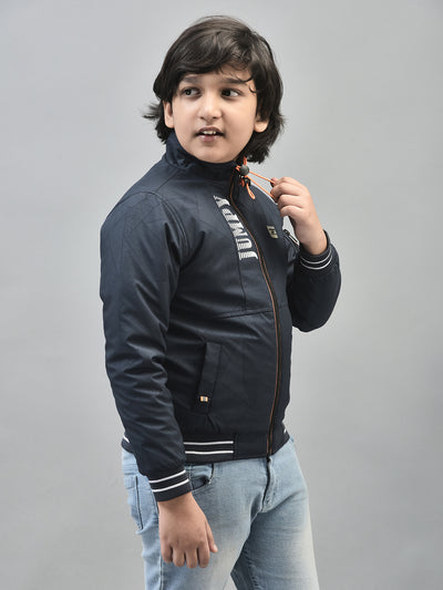 Navy Blue Printed Bomber Jacket-Boys Jackets-Crimsoune Club