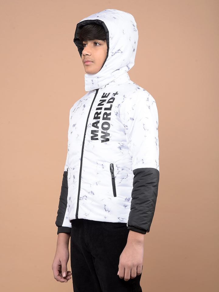 White Typographic Print Hooded Neck Puffer Jacket-Boys Jackets-Crimsoune Club