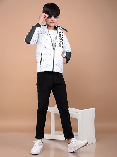White Typographic Print Hooded Neck Puffer Jacket-Boys Jackets-Crimsoune Club