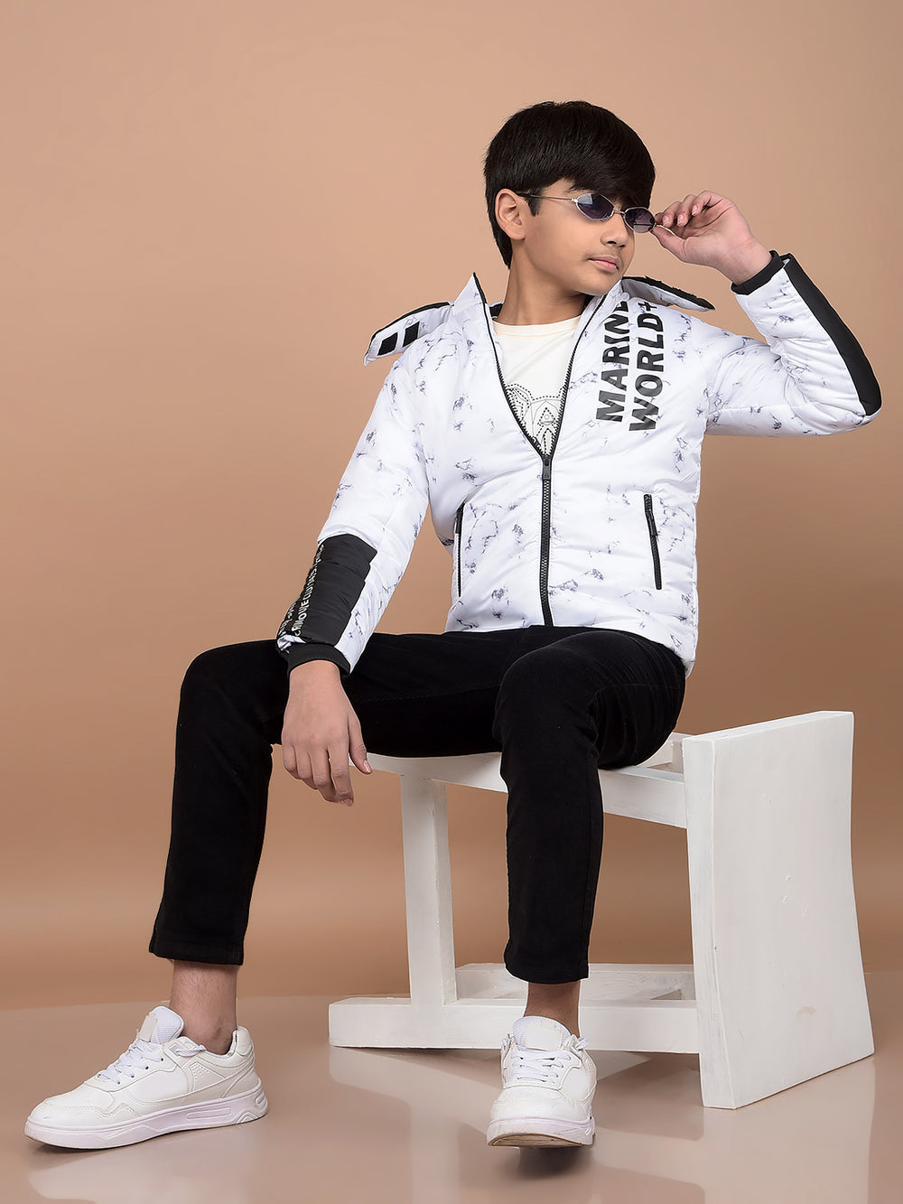 White Typographic Print Hooded Neck Puffer Jacket-Boys Jackets-Crimsoune Club