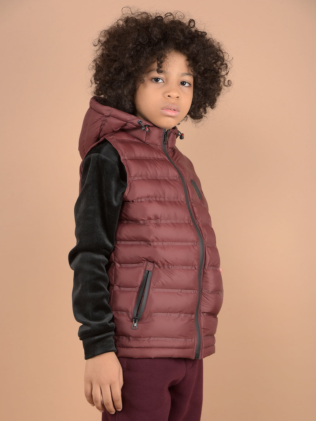 Wine Hooded Neck Padded Sleeveless Jacket-Boys Jackets-Crimsoune Club
