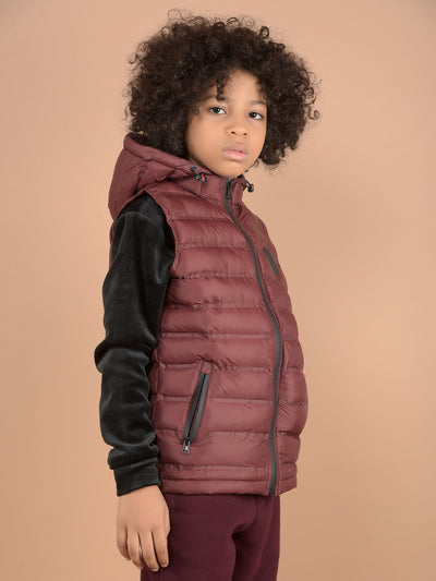 Wine Hooded Neck Padded Sleeveless Jacket-Boys Jackets-Crimsoune Club