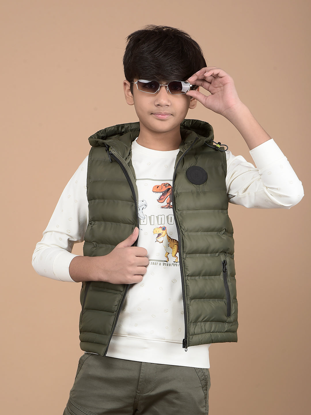 Green Hooded Neck 100% Nylon Sleeveless Puffer Jacket-Boys Jackets-Crimsoune Club