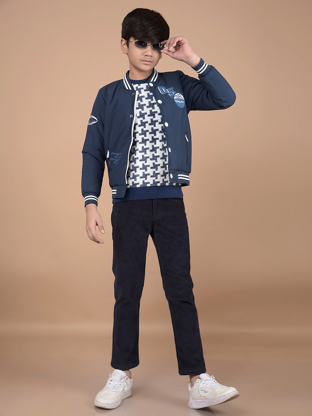 Navy Blue Typographic Print Bomber Jacket-Boys Jackets-Crimsoune Club