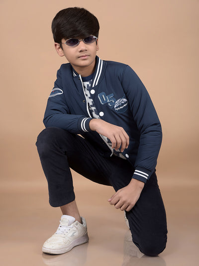 Navy Blue Typographic Print Bomber Jacket-Boys Jackets-Crimsoune Club