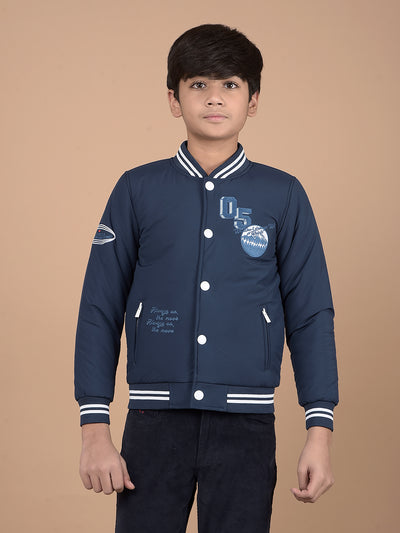 Navy Blue Typographic Print Bomber Jacket-Boys Jackets-Crimsoune Club