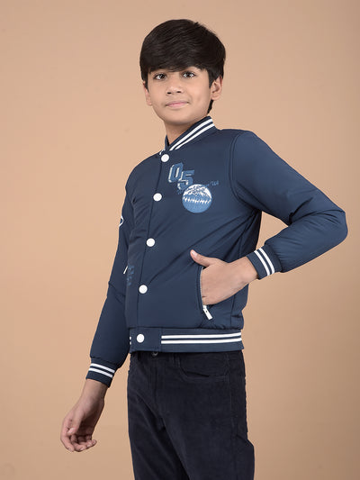 Navy Blue Typographic Print Bomber Jacket-Boys Jackets-Crimsoune Club
