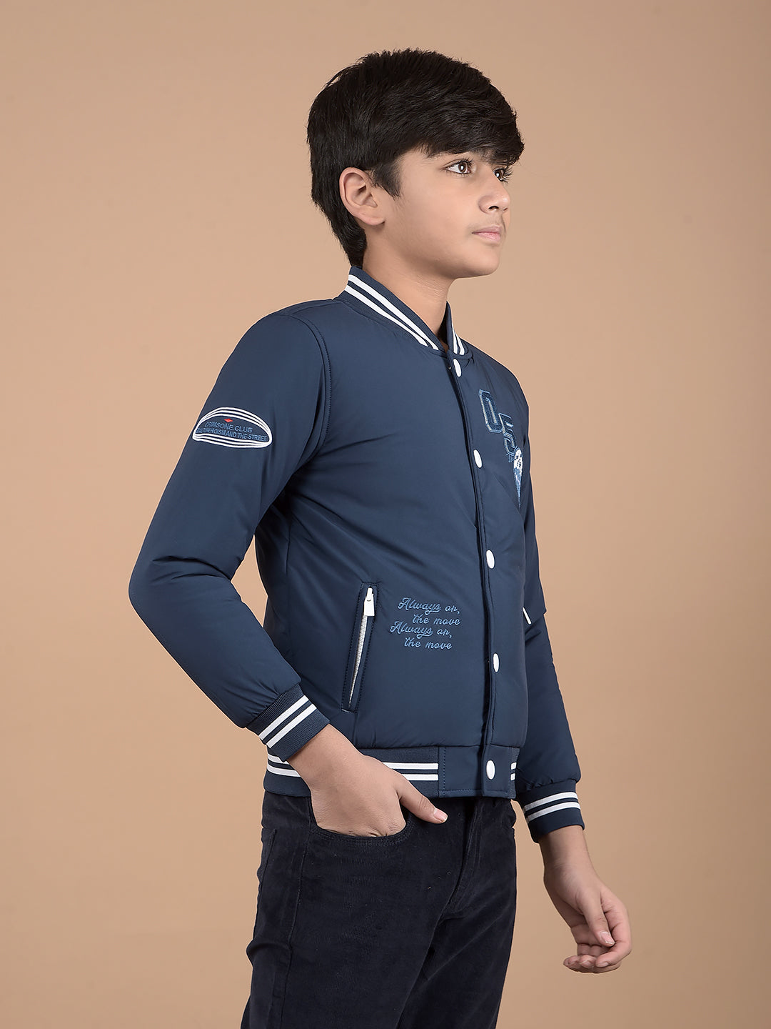 Navy Blue Typographic Print Bomber Jacket-Boys Jackets-Crimsoune Club