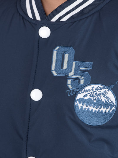 Navy Blue Typographic Print Bomber Jacket-Boys Jackets-Crimsoune Club