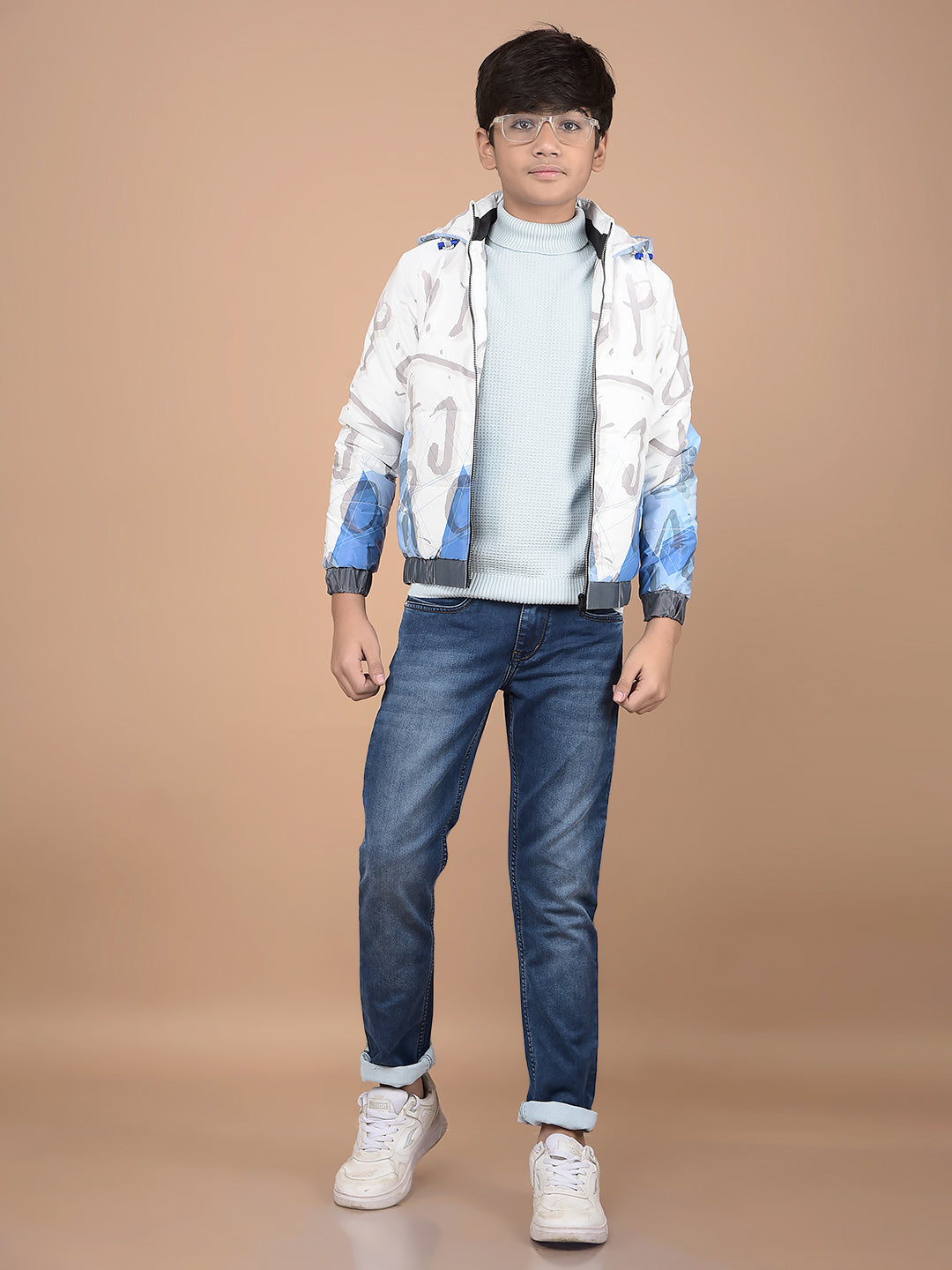 White Typographic Print Hooded Neck Puffer Jacket-Boys Jackets-Crimsoune Club