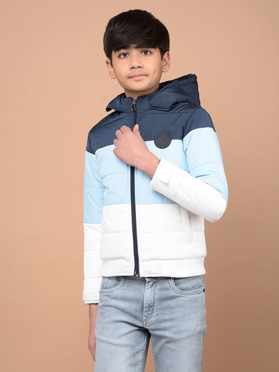 Blue Color Blocked Hooded Neck Puffer Jacket-Boys Jackets-Crimsoune Club