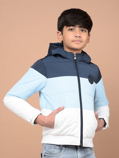 Blue Color Blocked Hooded Neck Puffer Jacket-Boys Jackets-Crimsoune Club