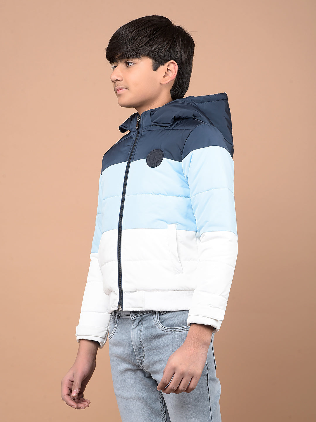 Blue Color Blocked Hooded Neck Puffer Jacket-Boys Jackets-Crimsoune Club