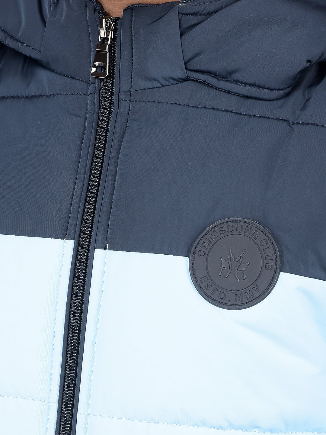 Blue Color Blocked Hooded Neck Puffer Jacket-Boys Jackets-Crimsoune Club