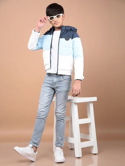 Blue Color Blocked Hooded Neck Puffer Jacket-Boys Jackets-Crimsoune Club