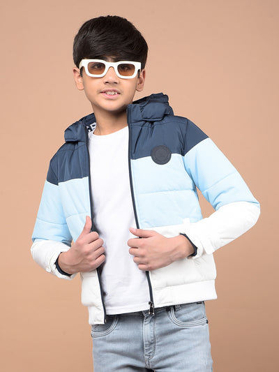 Blue Color Blocked Hooded Neck Puffer Jacket-Boys Jackets-Crimsoune Club