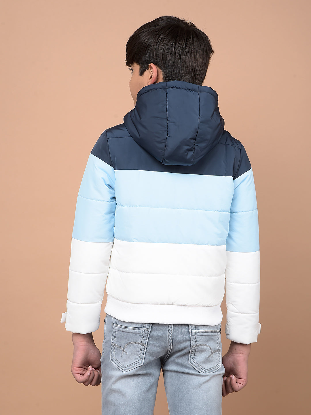 Blue Color Blocked Hooded Neck Puffer Jacket-Boys Jackets-Crimsoune Club