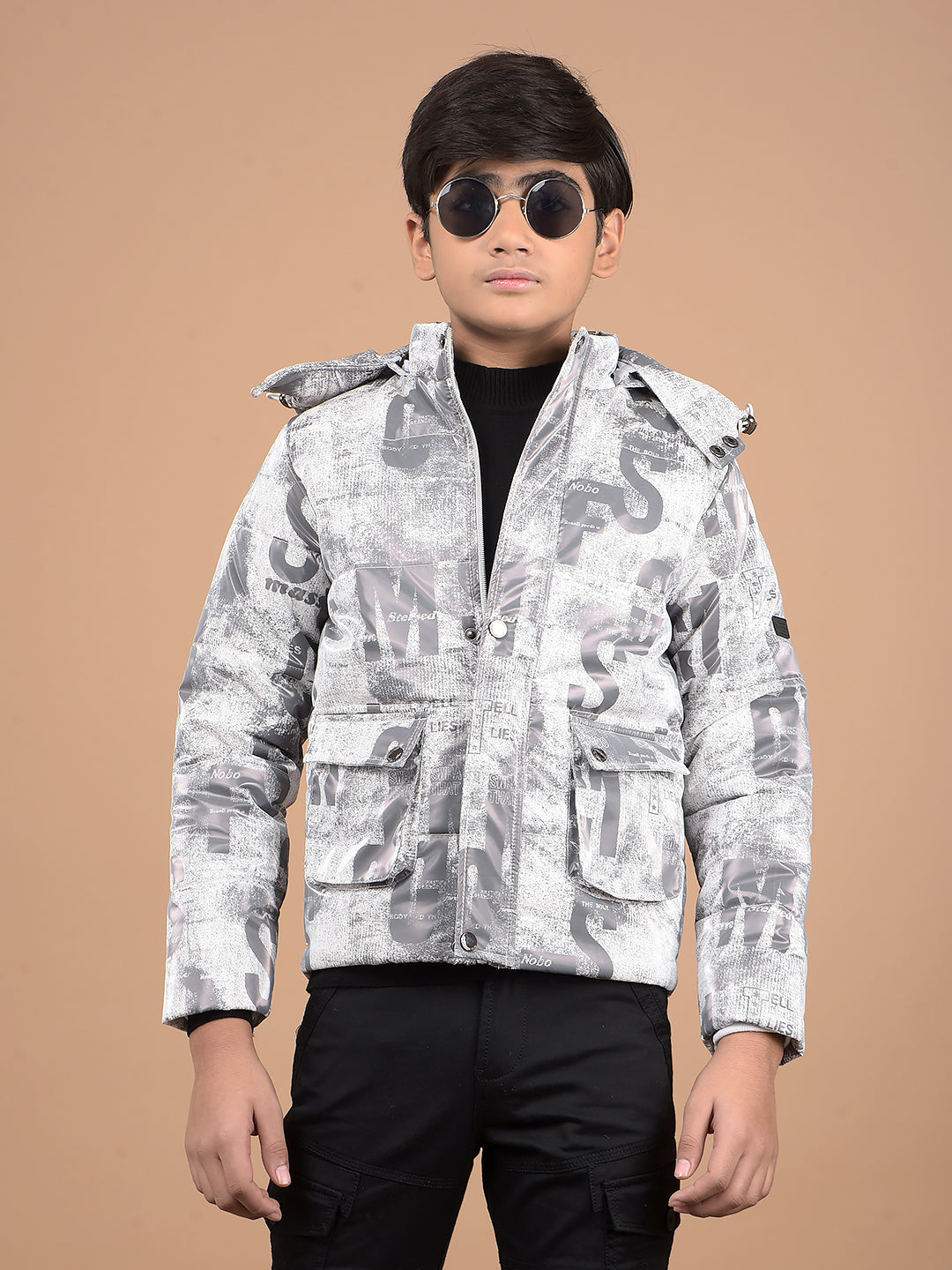 White Typographic Print Hooded Neck Puffer Jacket-Boys Jackets-Crimsoune Club
