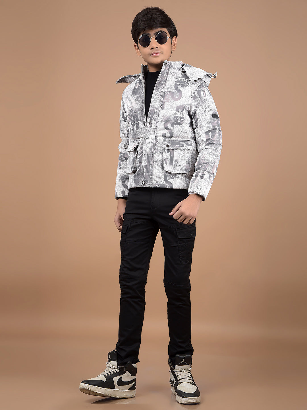 White Typographic Print Hooded Neck Puffer Jacket-Boys Jackets-Crimsoune Club
