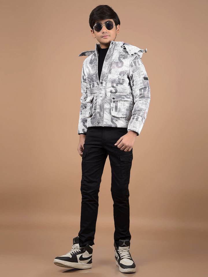 White Typographic Print Hooded Neck Puffer Jacket-Boys Jackets-Crimsoune Club