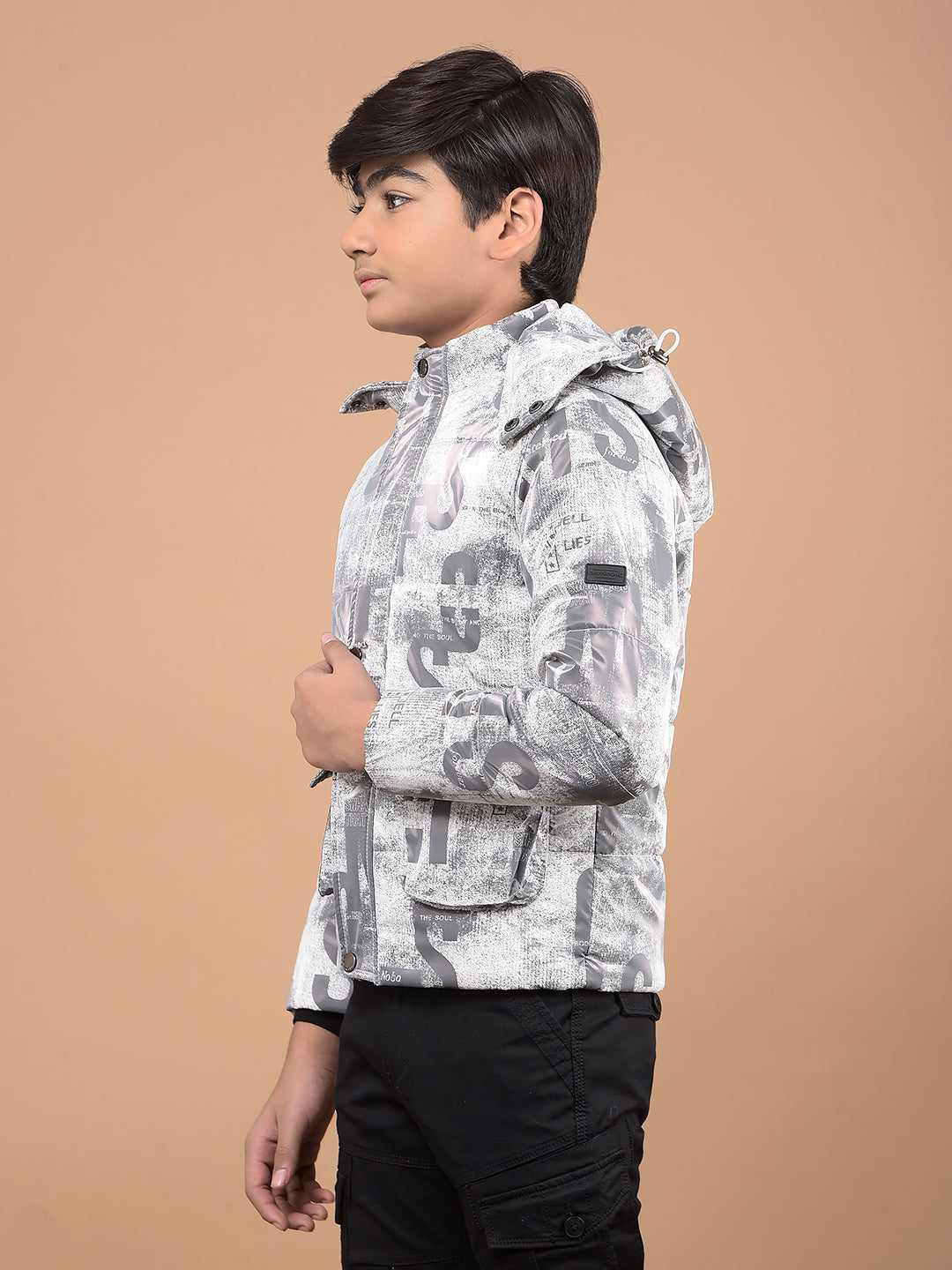 White Typographic Print Hooded Neck Puffer Jacket-Boys Jackets-Crimsoune Club