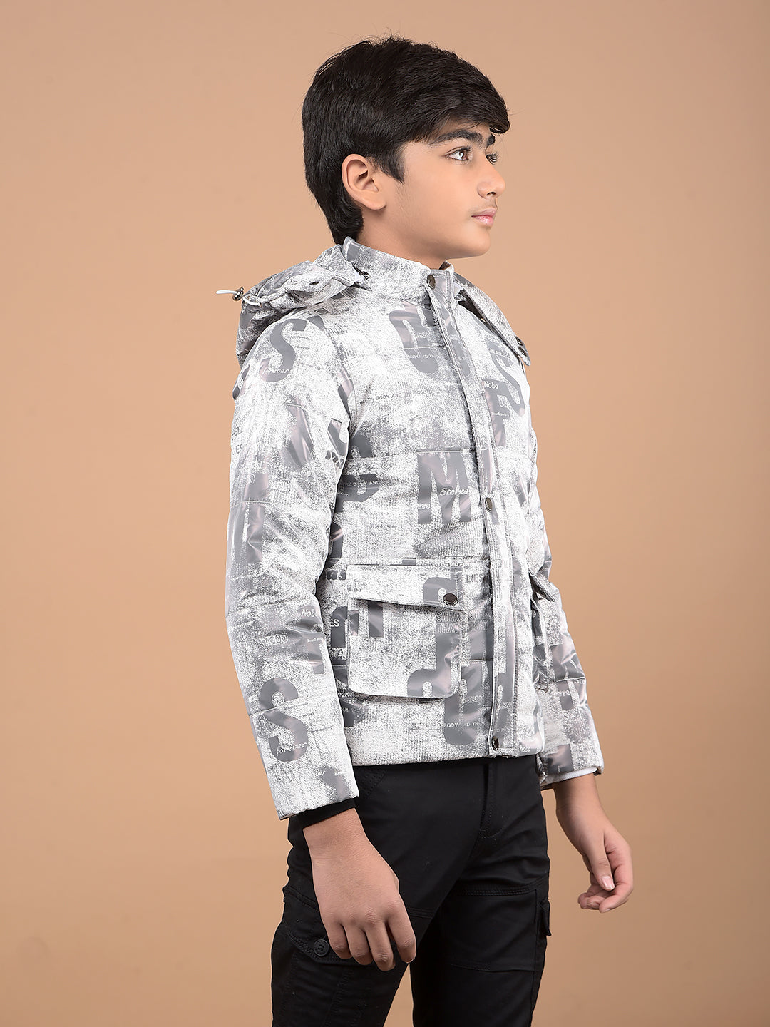 White Typographic Print Hooded Neck Puffer Jacket-Boys Jackets-Crimsoune Club