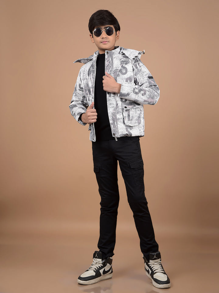 White Typographic Print Hooded Neck Puffer Jacket-Boys Jackets-Crimsoune Club