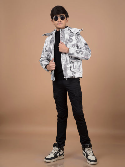 White Typographic Print Hooded Neck Puffer Jacket-Boys Jackets-Crimsoune Club