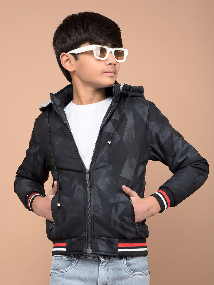 Navy Blue Printed Hooded Neck Bomber Jacket-Boys Jackets-Crimsoune Club