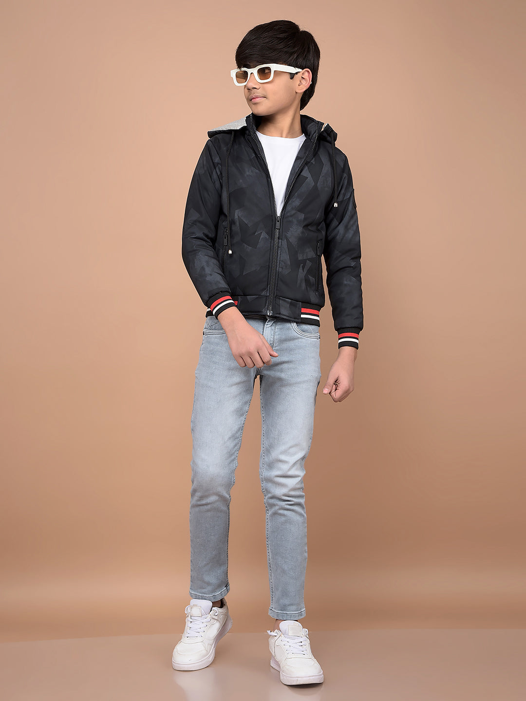 Navy Blue Printed Hooded Neck Bomber Jacket-Boys Jackets-Crimsoune Club