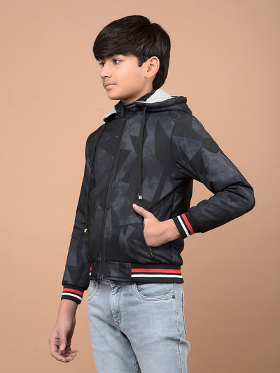 Navy Blue Printed Hooded Neck Bomber Jacket-Boys Jackets-Crimsoune Club