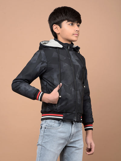 Navy Blue Printed Hooded Neck Bomber Jacket-Boys Jackets-Crimsoune Club