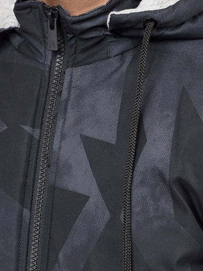 Navy Blue Printed Hooded Neck Bomber Jacket-Boys Jackets-Crimsoune Club