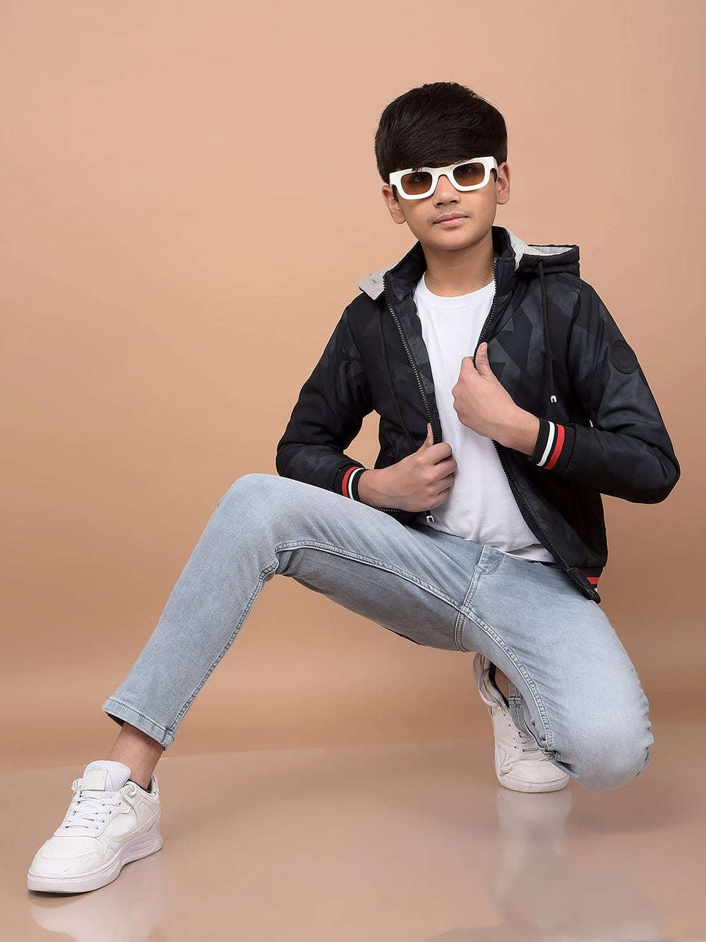 Navy Blue Printed Hooded Neck Bomber Jacket-Boys Jackets-Crimsoune Club