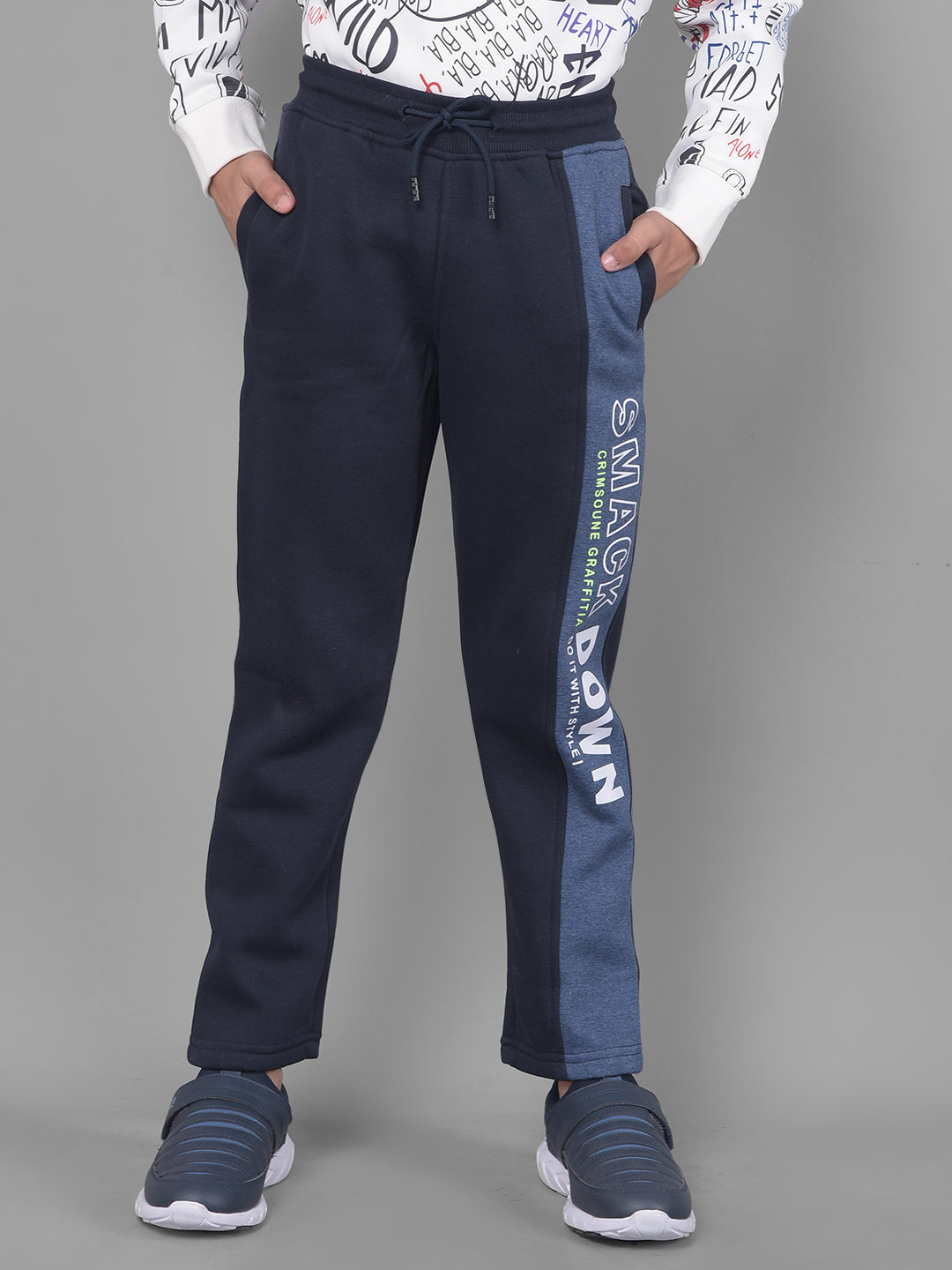 Navy Blue Printed Cotton Track Pants-Boys Lounge Pant-Crimsoune Club