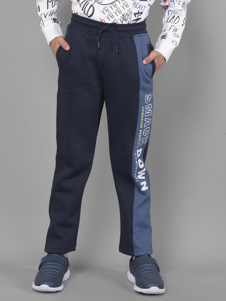 Navy Blue Printed Cotton Track Pants-Boys Lounge Pant-Crimsoune Club