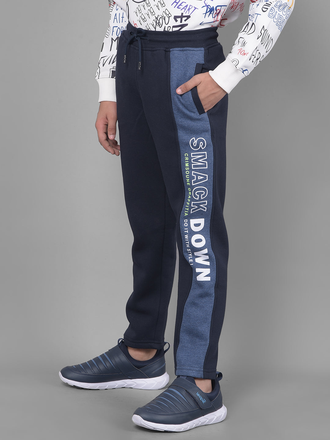 Navy Blue Printed Cotton Track Pants-Boys Lounge Pant-Crimsoune Club